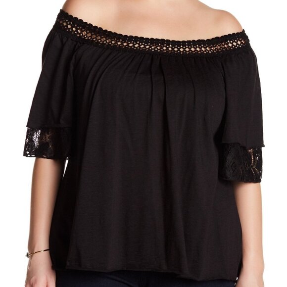 H.I.P. Nordstrom Lace Crochet Layered Top Off Shoulder Black Size 1X Worn Once - Picture 1 of 7